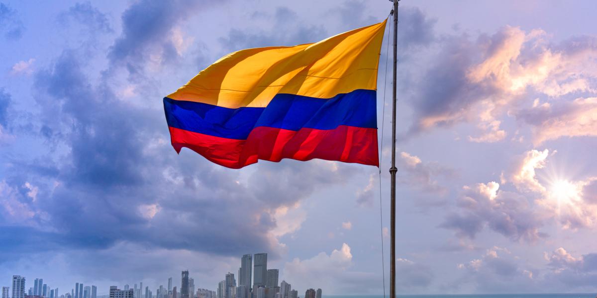 The Colombian flag flying over Cartagena's skyline